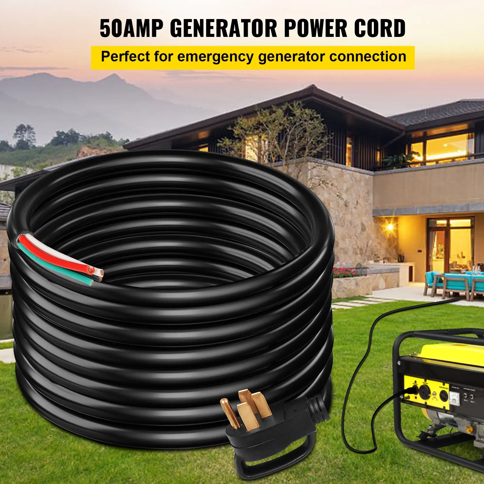 

15Ft 50 Amp Generator Extension Cord 4 Wire 6 Gauge STW Generator Cord 125V 250V Generator Power Cord N14-50P & SS2-50R