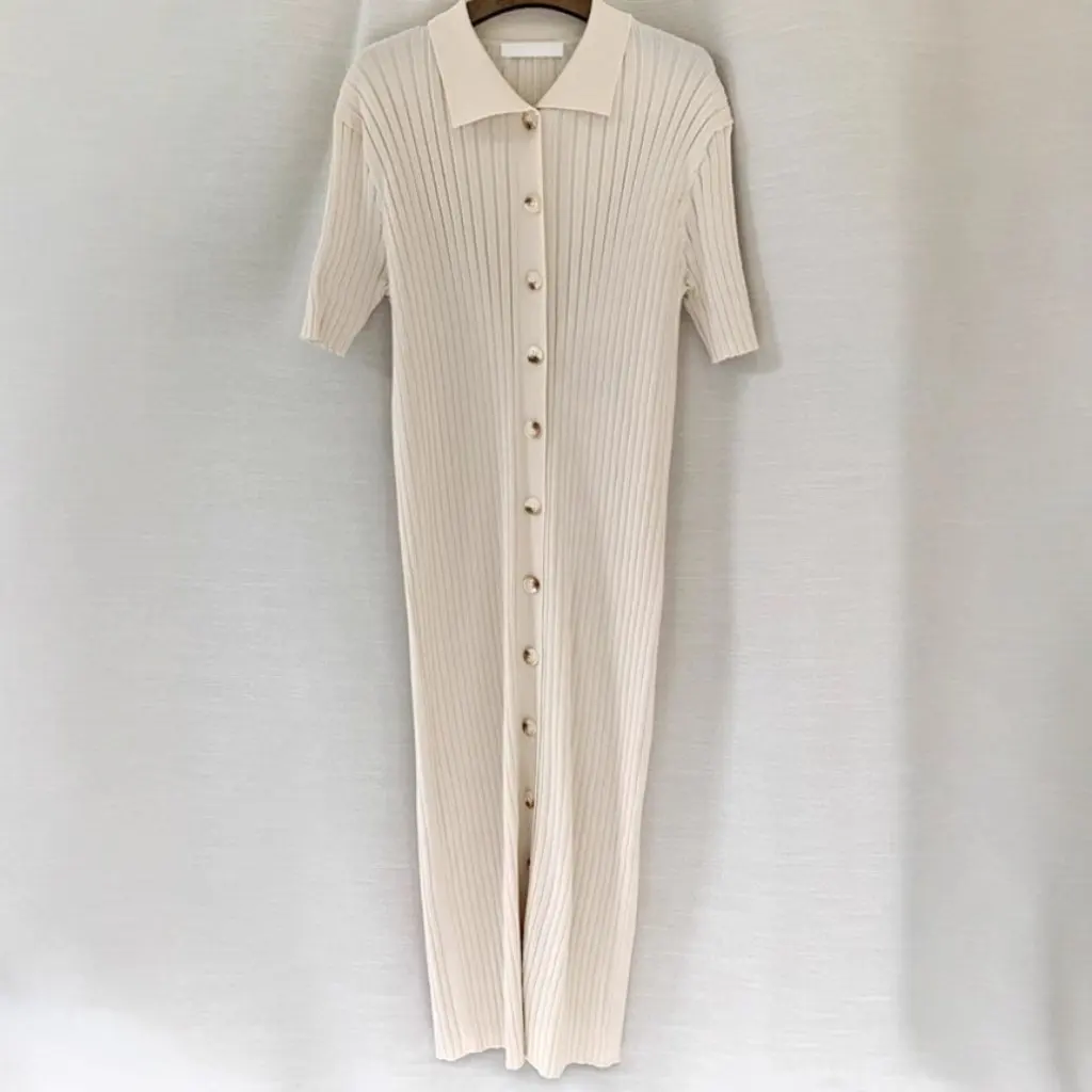 

Women's French-Style Ribbed Long Dress Slimming Ice Silk Belted Knit Dress with Turn-Down Collar for Summer