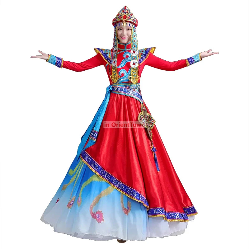 Chinese performance Folk Dance wear Classical long Mongolian Dance clothing ethnic minority dress Stage Costumes for Singers