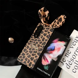 Women Leopard Rabbit Ears Rhinestone Smile Phone Case For Samsung Galaxy Z Fold 7 6 5 4 3 2 5G Cute PU Leather Hard Back Cover