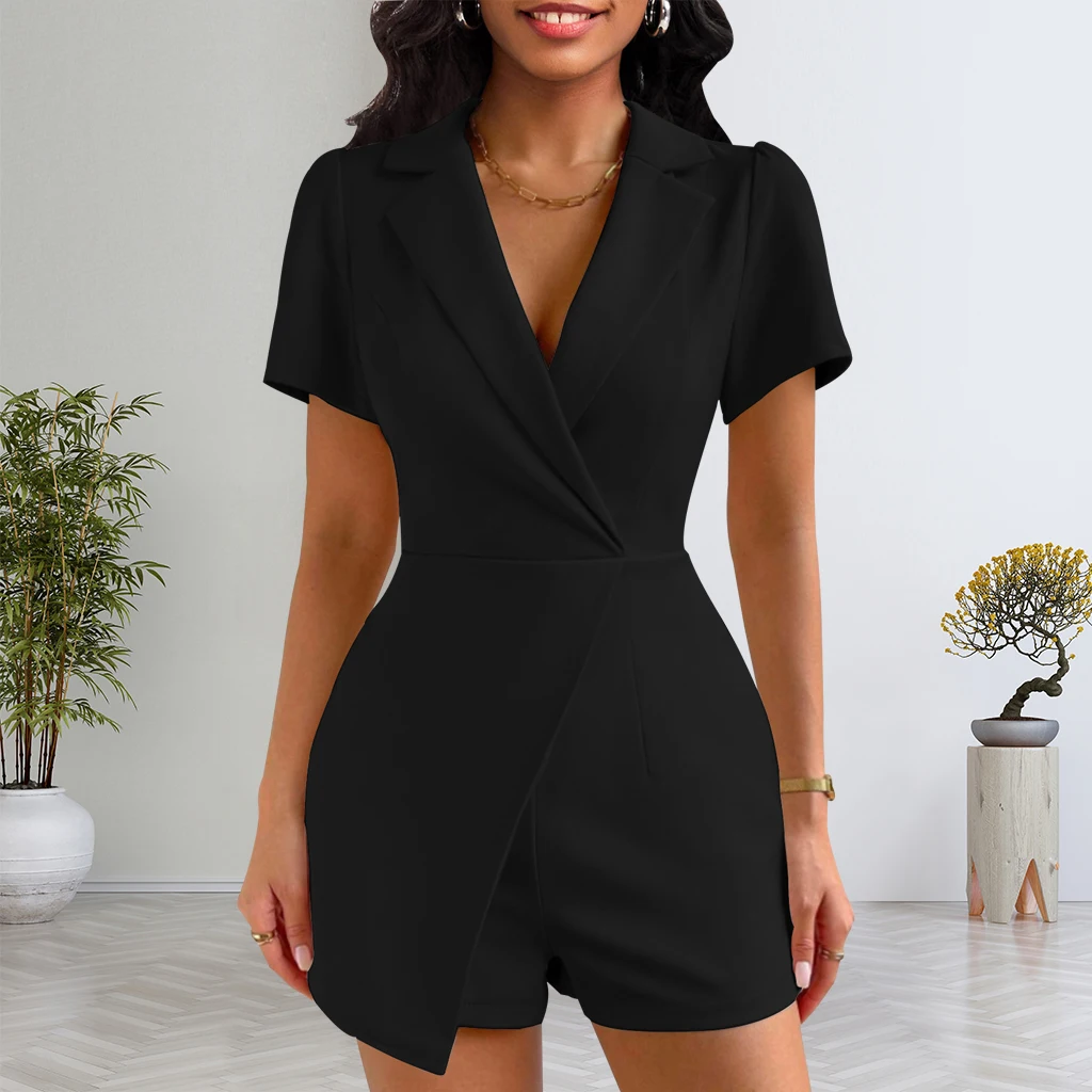 Combinaison Sexy pour Femme, Onesie de Bureau Élégante, à Revers, Poches, Couleur Unie, Tenues Plissées, Printemps Été 2024