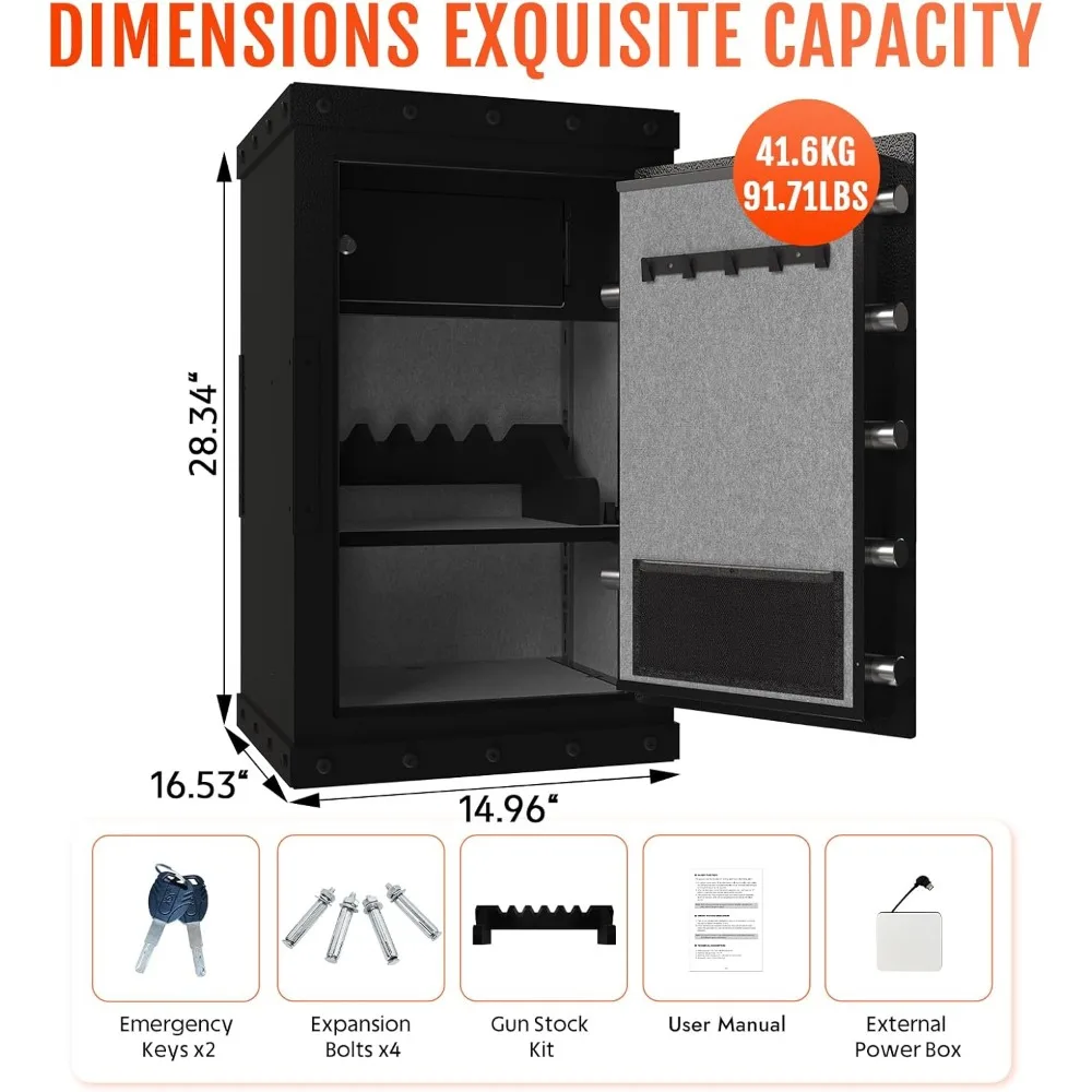 Biometric Fingerprint Heavy Duty 91 LB Home Safe with Removable Shelves, Pistol Rack, Fireproof Security Safe for Valuables