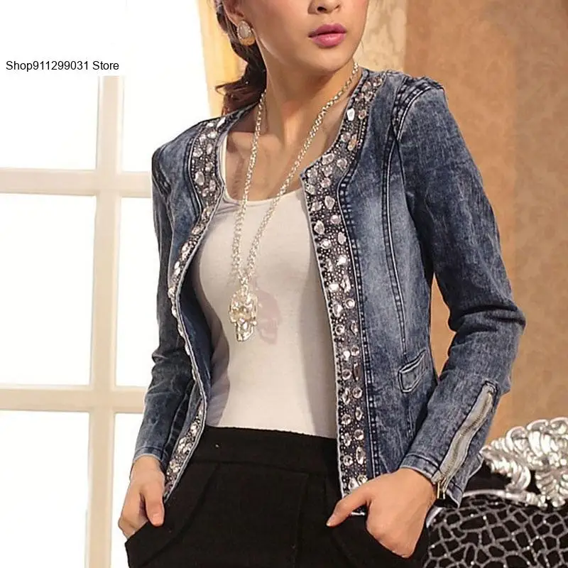 Spring Fashion Women Denim Jacket Slim-Fit Zipper Casual Short Sequin Jacket Women Vintage Jacket