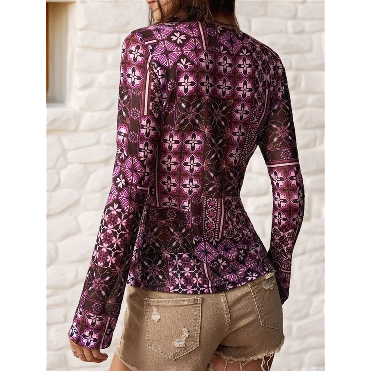 

ABP-Women's Sheer Mesh Long Sleeve Tops Print Button Down Ruched Y2k Blouse Shirts