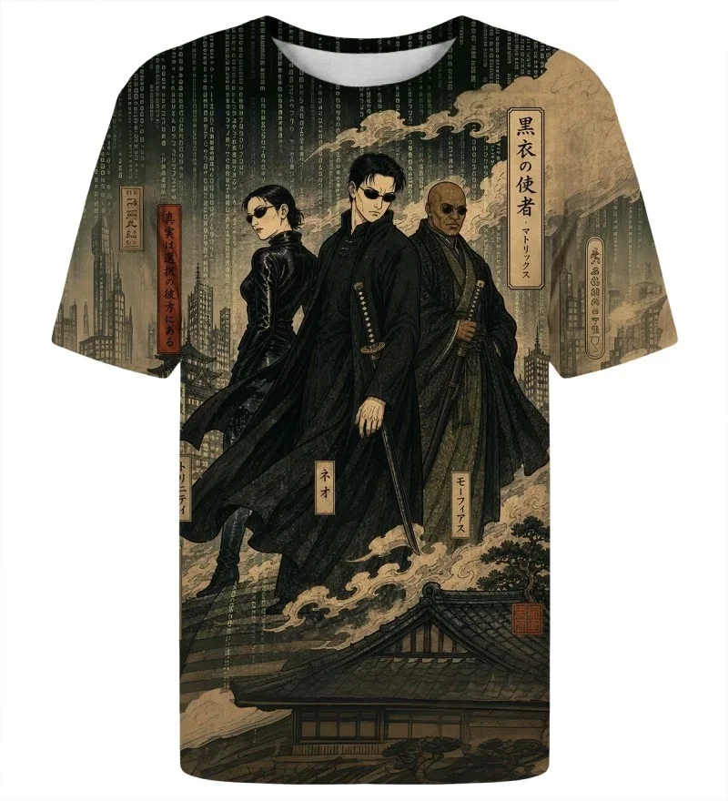 Unisex Ukiyo Samurai T-shirts Retro Dark Samurai, Cyber ​​City, Traditional Japanese Architecture, Street Style Graphic T-shirts