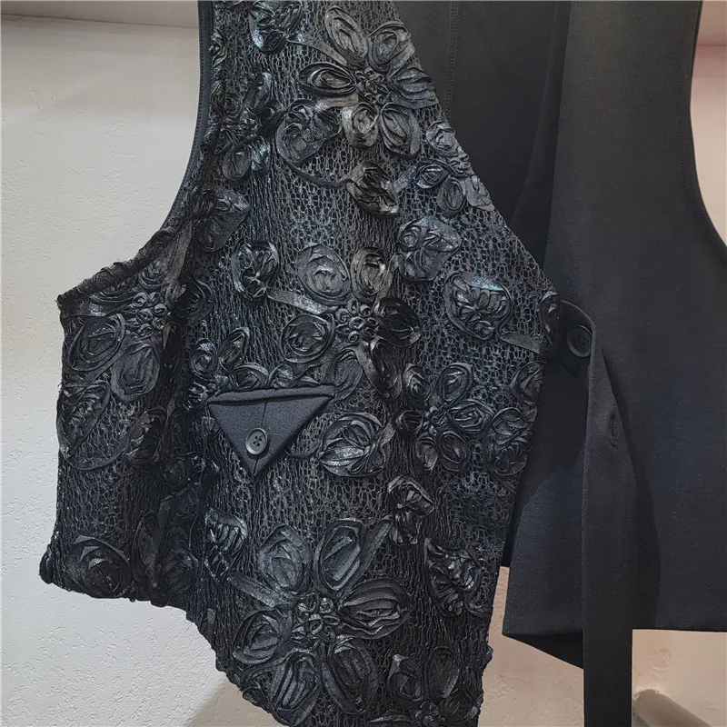 Tanntผู้หญิงเสื้อกั๊กไม่สม่ําเสมอเย็บปักถักร้อยพิมพ์สีดําเสื้อกันหนาวผู้หญิงแฟชั่นไม่สมมาตรผ้าพันคอเสื้อกั๊กเสื้อ 2025 ฤดูใบไม้ผลิใหม่