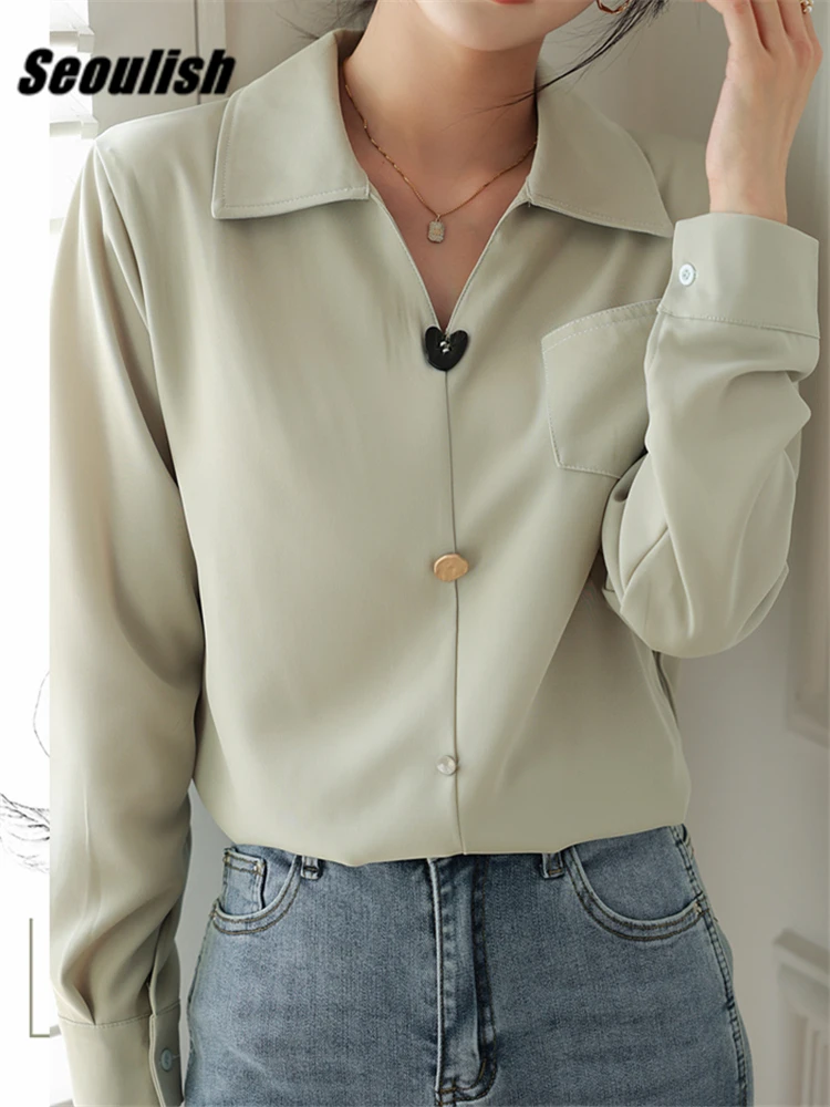 

Seoulish Autumn Winter One Pocket Korean Women's Blouse Long Sleeve V-Neck Single Breasted Casual Loose Office Shirts Top Female