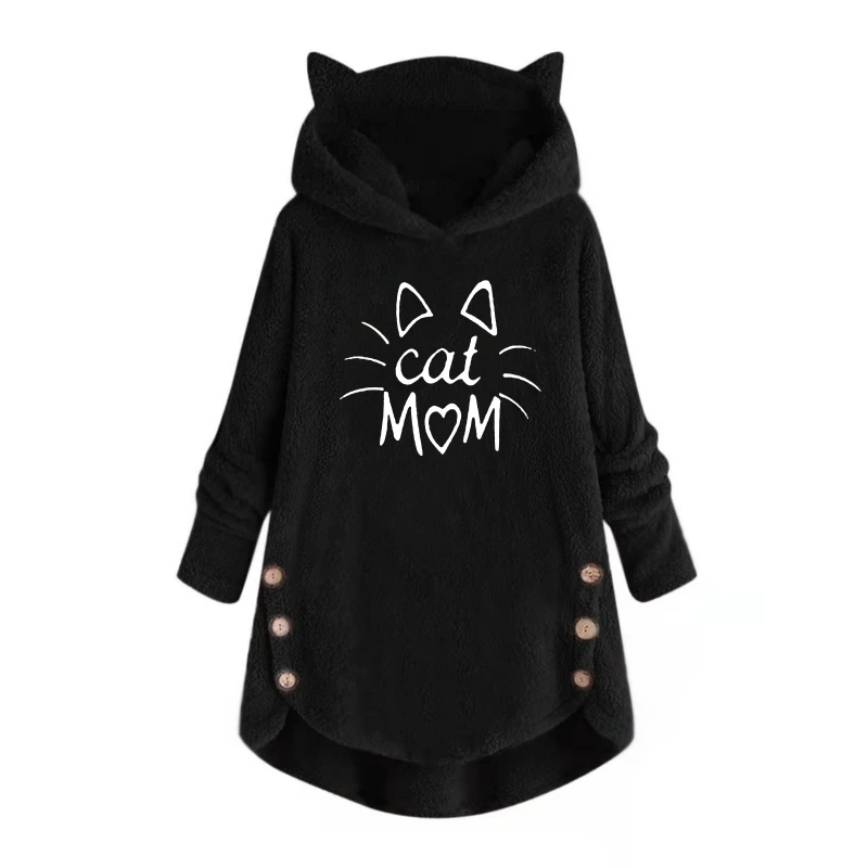 Autumn and Winter Plush Letter Cartoon Print Cat Ears Long-Sleeved Pullover Hooded Loose Casual Street Sweatshirt Women\'s Warm Top