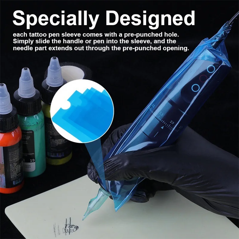 100pcs Disposable Self-Adhesive Tattoo Pen Sleeves Plastic Cartridge Protect Film Bag Tattoo Machine Clip Cord Sleeves Supplies