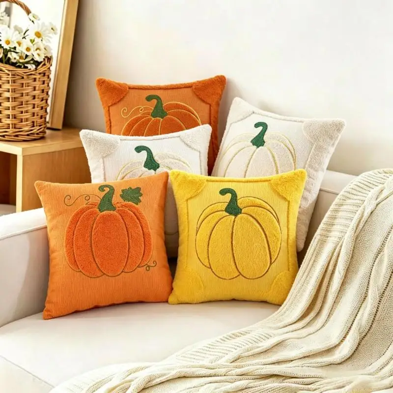 Thanksgiving-Kürbis-Herbst-Kissenbezug, Cojines, beige-orange, dekorativer Sofa-Plüsch-Kissenbezug, Kopfteil-Kissenbezüge – Detail 3