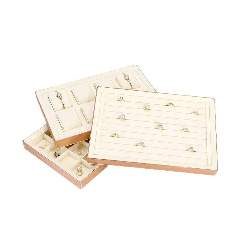 Light luxury jewelry display tray, beige microfiber metal frame display props, necklaces, rings, bracelets, jewelry display tray