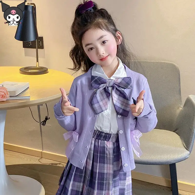 

Sanrio Cartoon Anime Girls Vest Knit Cardigan Jk Skirt Kuromi Kawaii My Melody Pleated Skirt Bow Set Spring and Autumn New Style