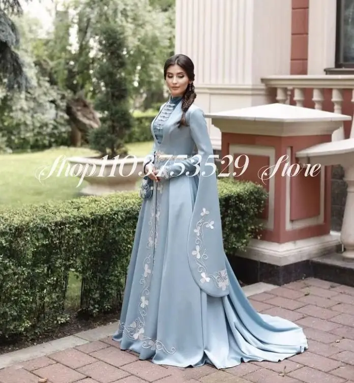 Blue Arabian Bridal Wedding Dresses Luxury High Neck Muslim Caucasian Ethnic Wedding Dresses فساتين للمناسبات الخاصة