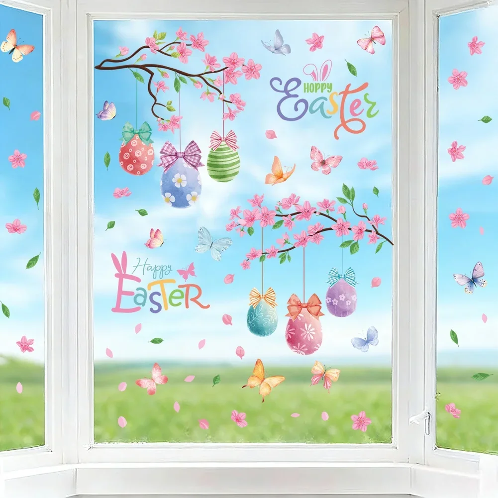 Easter Window Clings With Bunny Egg Flower Butterfly Pattern Double Sided Static Sticker For Smooth Surfaces 2 Pieces 33x70cm