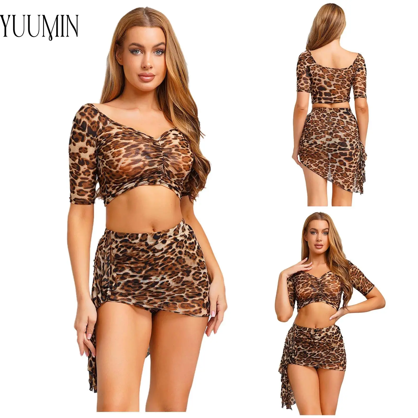 

Leopard Style Women Latin Jazz Dance Set Samba Rumba Performance Outfit Short Sleeve Ruched Crop Top+Mesh Skirt Set Y2K Clothing