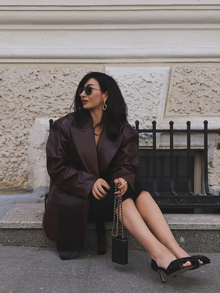 

Lace Up Wine Red Pu Leather Jacket Women Chic Lapel Double Breasted Long Sleeve Pockets Coat Autumn New Lady High Street Outwear