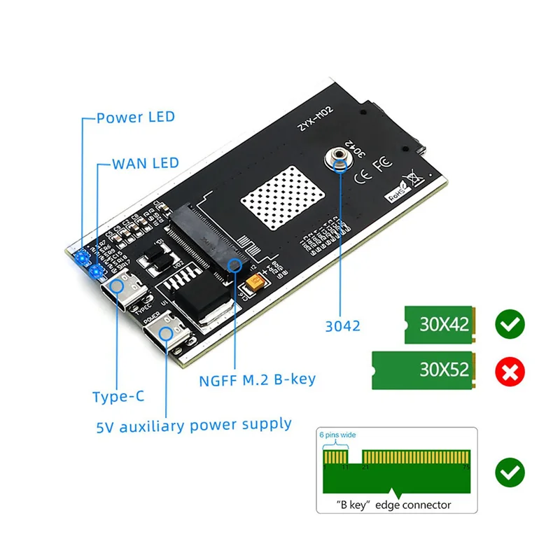 

ABT-3X NGFF(M.2) To USB 2.0(TYPE C) Adapter With SIM Card Slot And Auxiliary Power Interface For WWAN/LTE Module