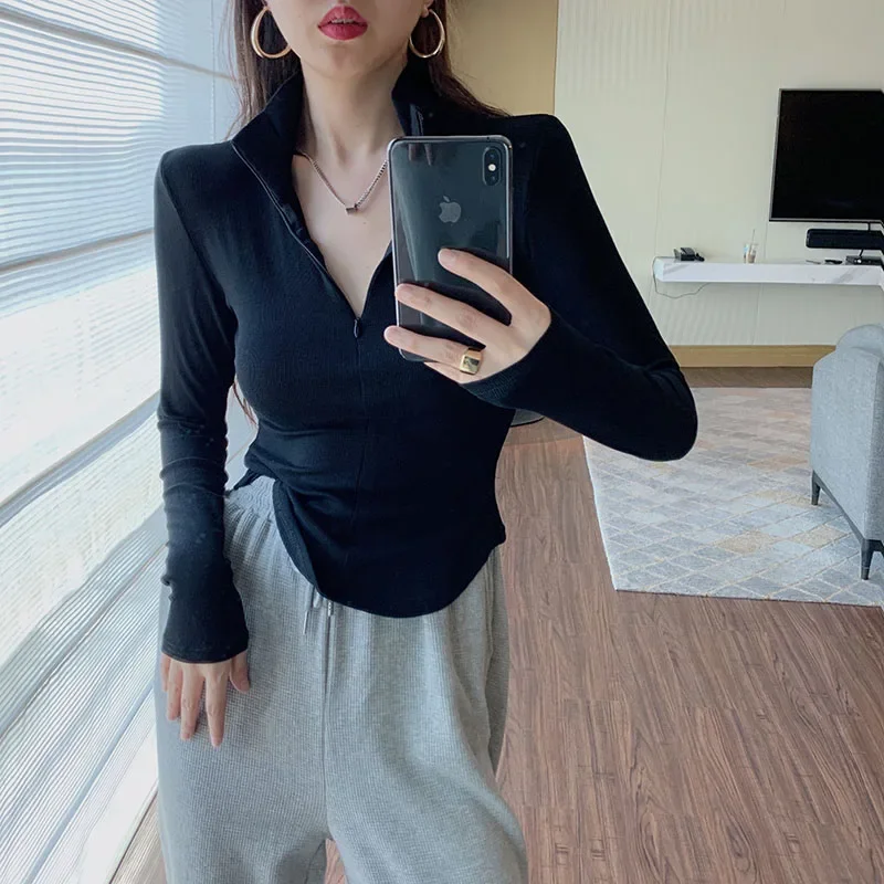 Camisas com zíper para mulheres, tops curtos brancos, gola sólida, minimalista, slim, designer kpop, moda básica, sexy, hotsweet, para mulheres