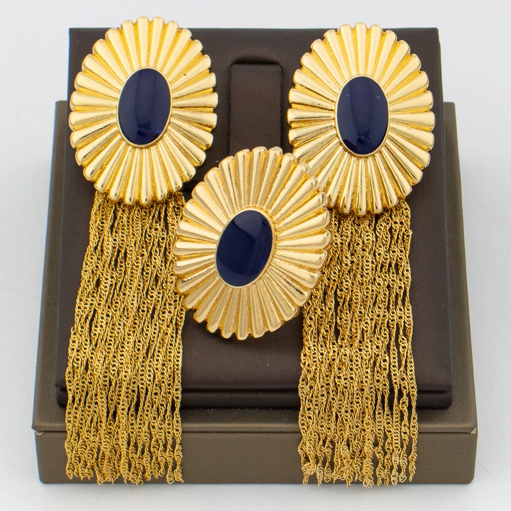 Luxury Gold Color Tassel Earrings & Ring Set, Square Design