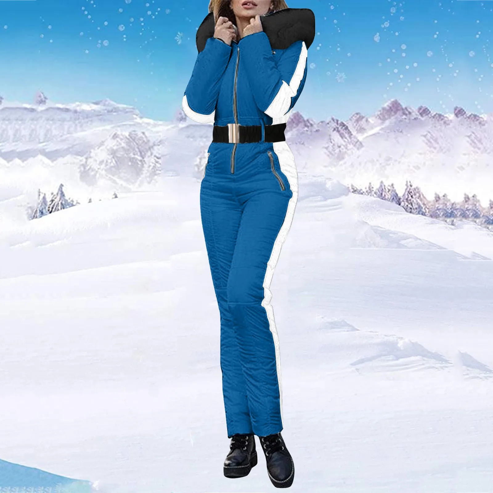 2024 New Pink One-piece Ski Suit Women's Winter Thick Warm Outdoor Ski Jumpsuit Waterproof Hooded Jumpsuits Parka Cotton Padded