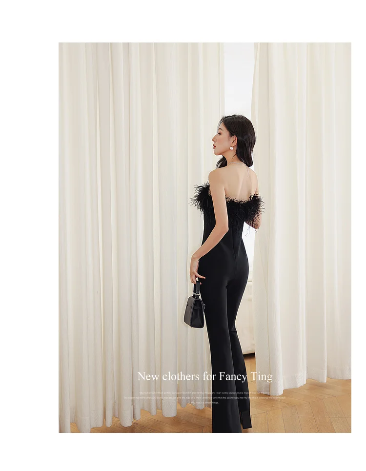 Sexy Jumpsuits for Women 2024 Summer New Black High Quality Slim High Waist Wide Leg Jumpsuit Overalls with Fur Patchwork Female