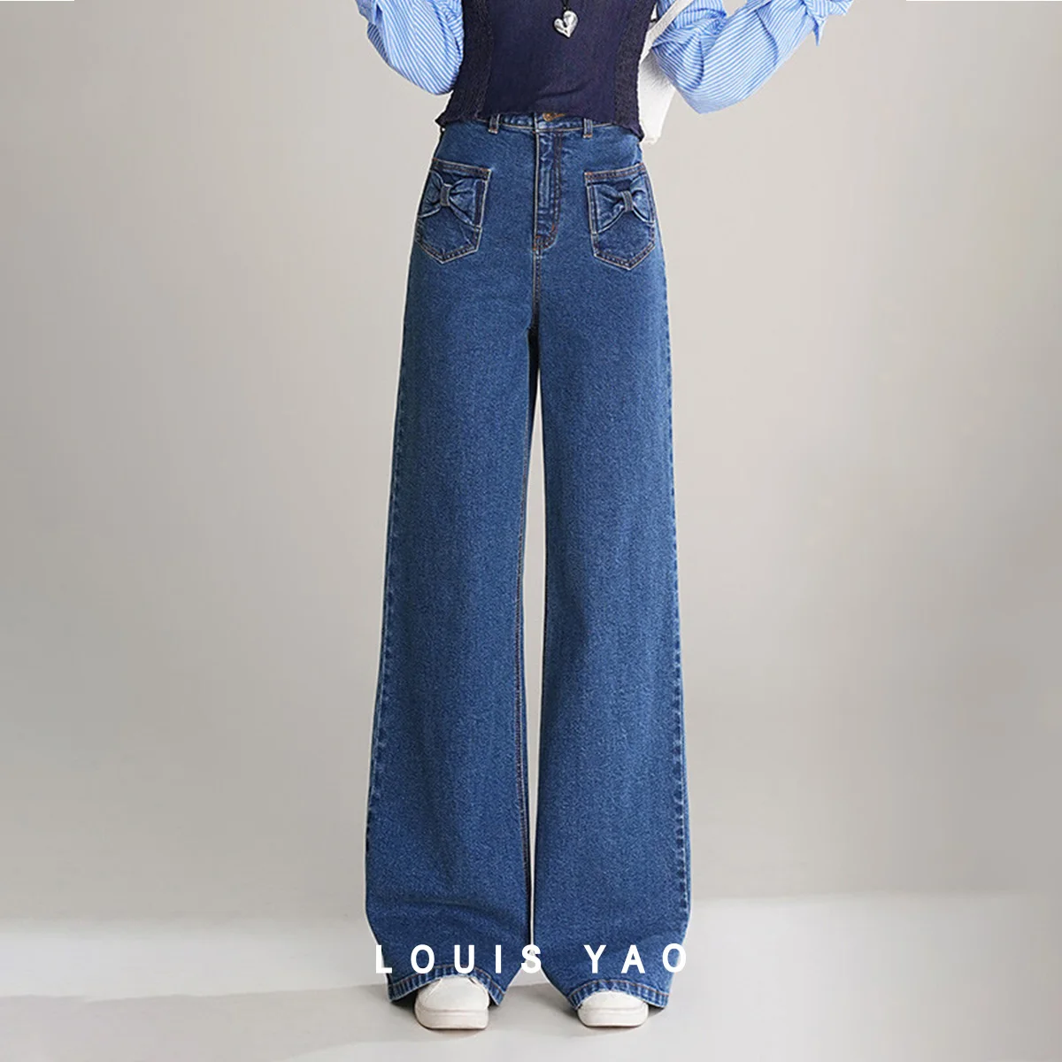 

LOUIS YAO широкие брюки в стиле ретро, осень 2023, повседневные брюки с бантом и карманами, неэластичные длинные женские джинсы