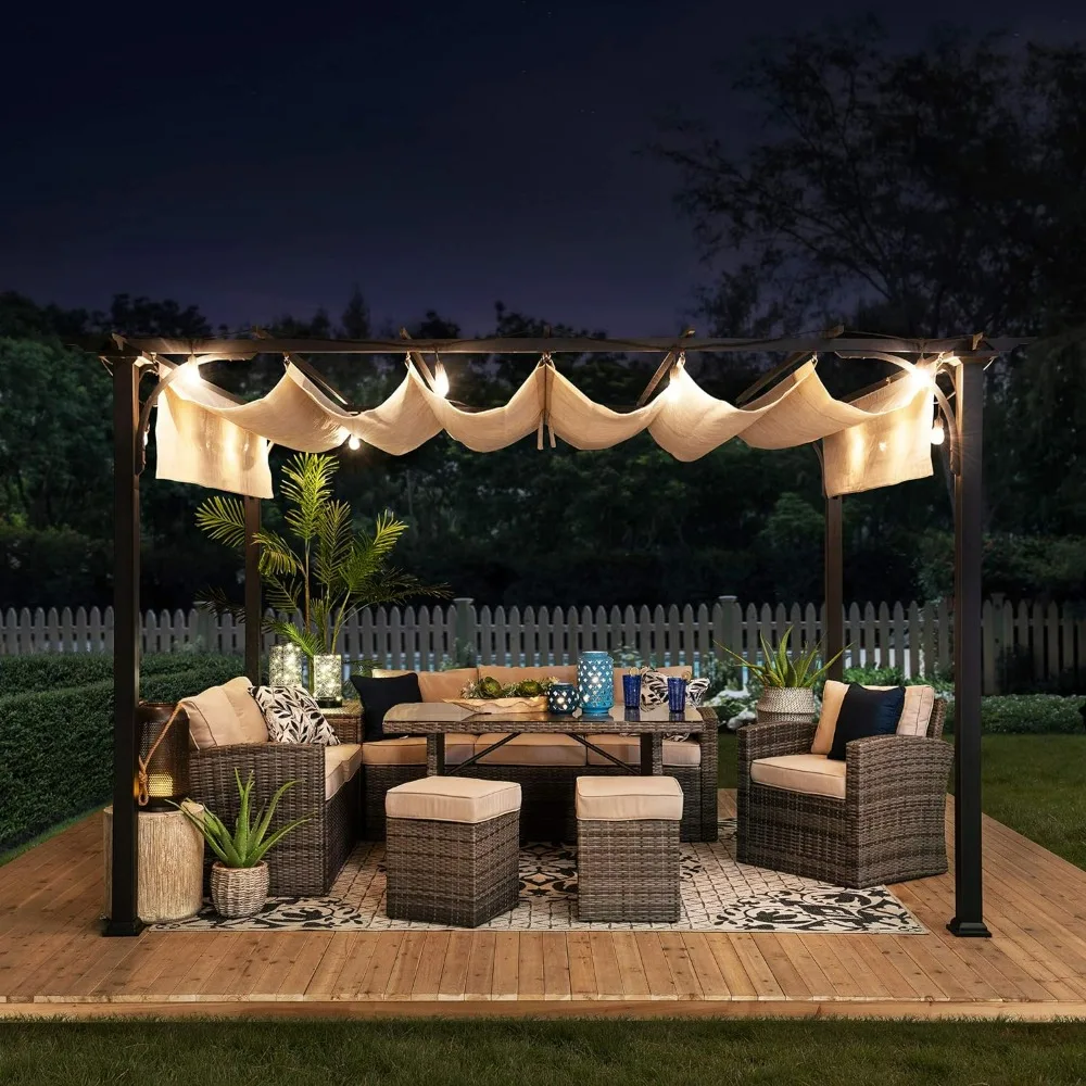 Outdoor Pergola 9 X 12 Ft. Patio Black Steel Frame Pergola with Retractable Beige Canopy Shade for Backyard,Pergolas