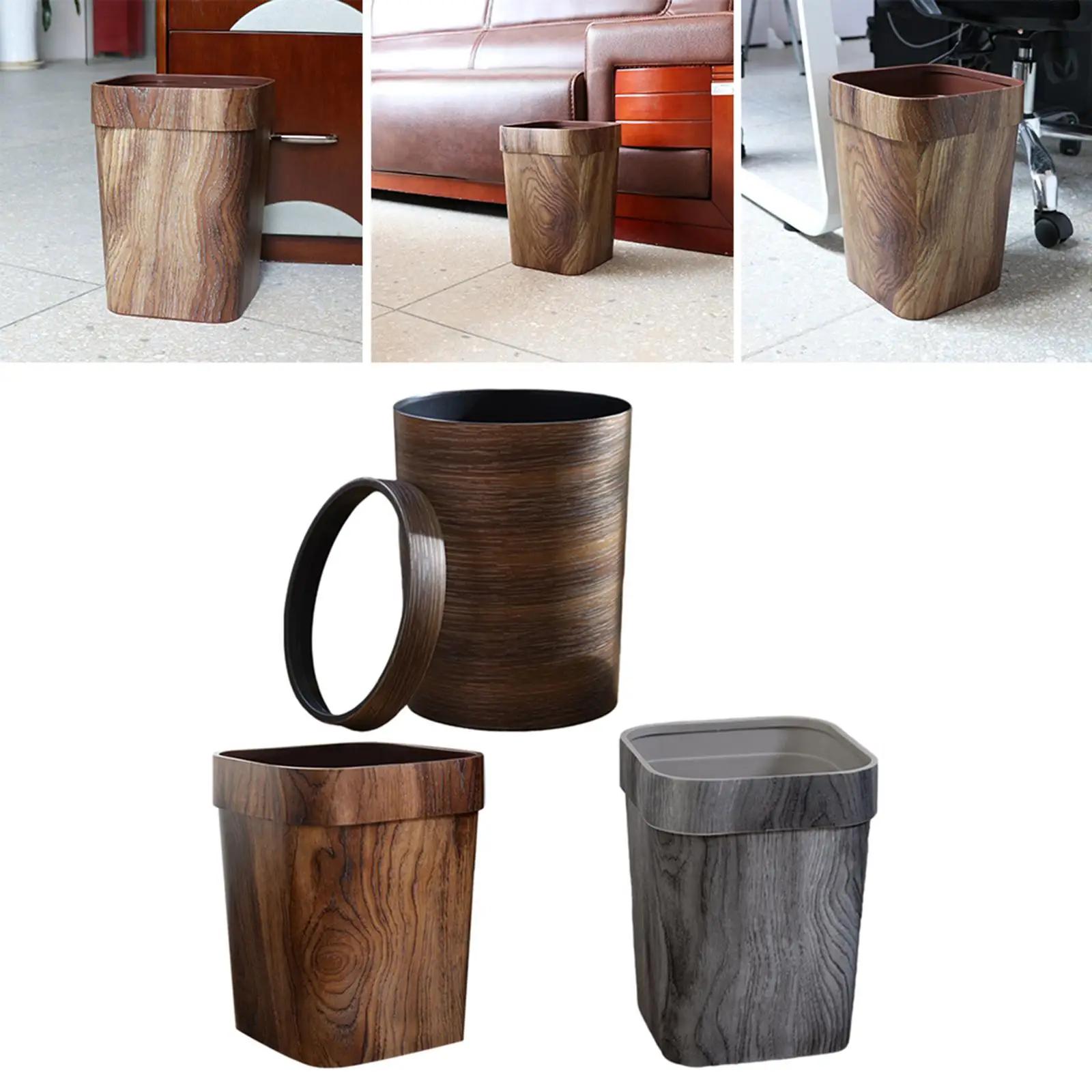 Retro Mimetic Wood Grain Trash Can Household Creative Trash Can for Bedroom