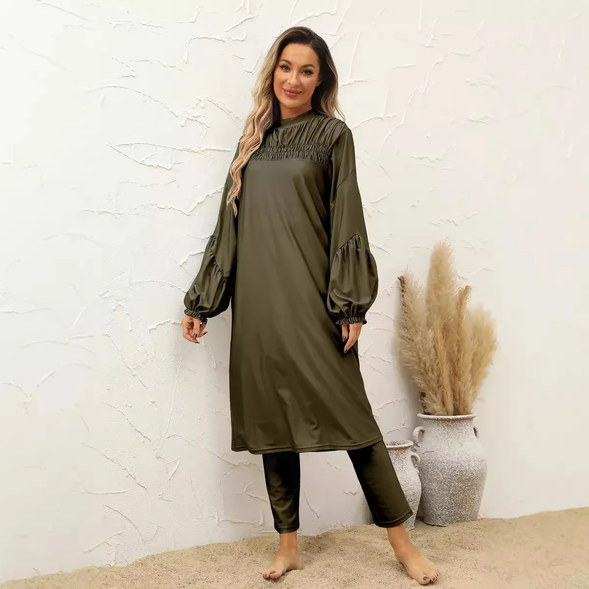 

2025 Summer New Muslim Swimwear Black Modest Burkinis Hijab Swim Tops Pants Set Islamic Arabic Conservative Maillot De Bain Robe