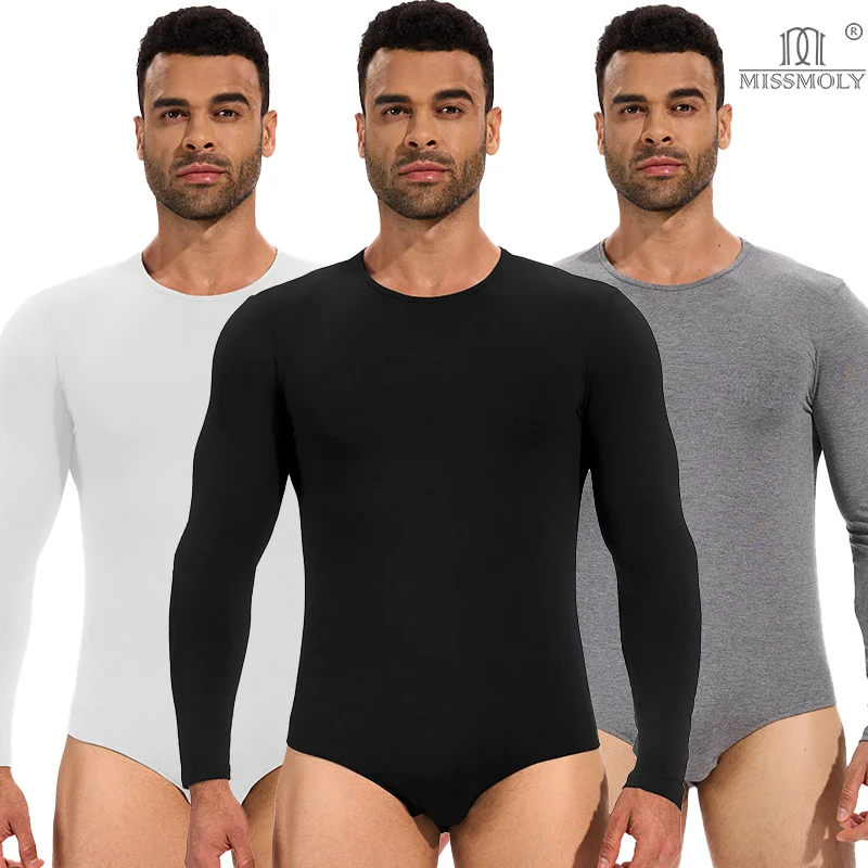 Miss Moly Men Thermal Full Body Shaper Long Sleeve Slimming Undershirt Tummy Control Bodysuit Shapewear Romper Round Neck Faja