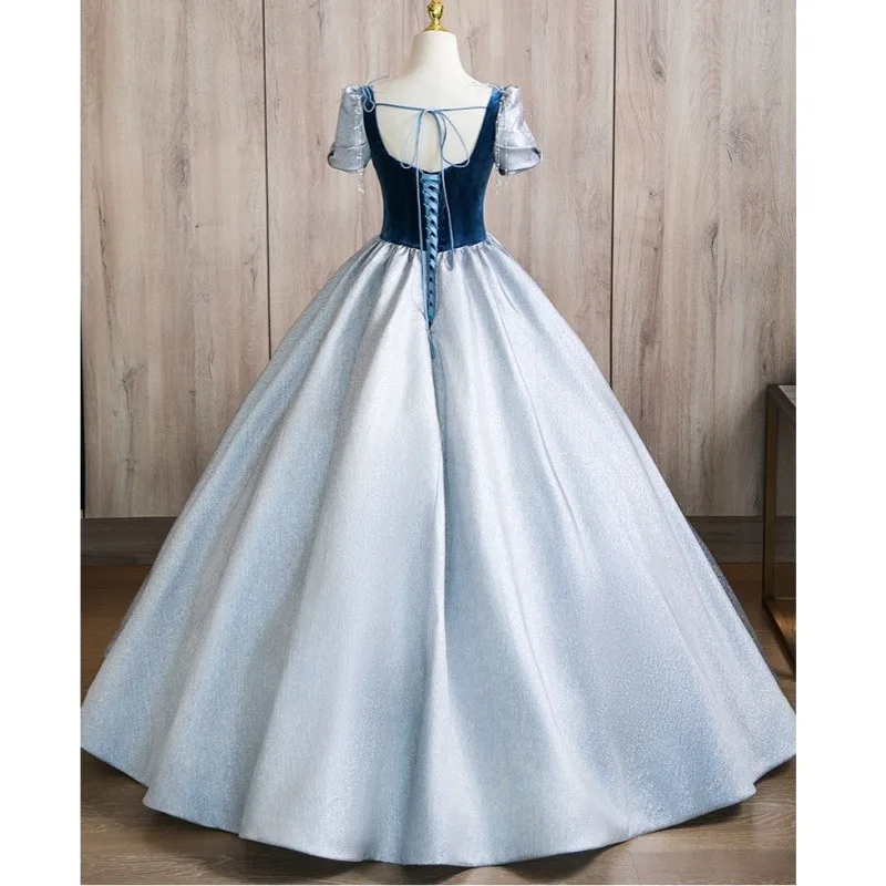 Blaue Prinzessin Quince anera Kleid mit kurzen Ärmeln einfache Vintage boden lange Abschluss kleider neue Satin elegante Ballkleider