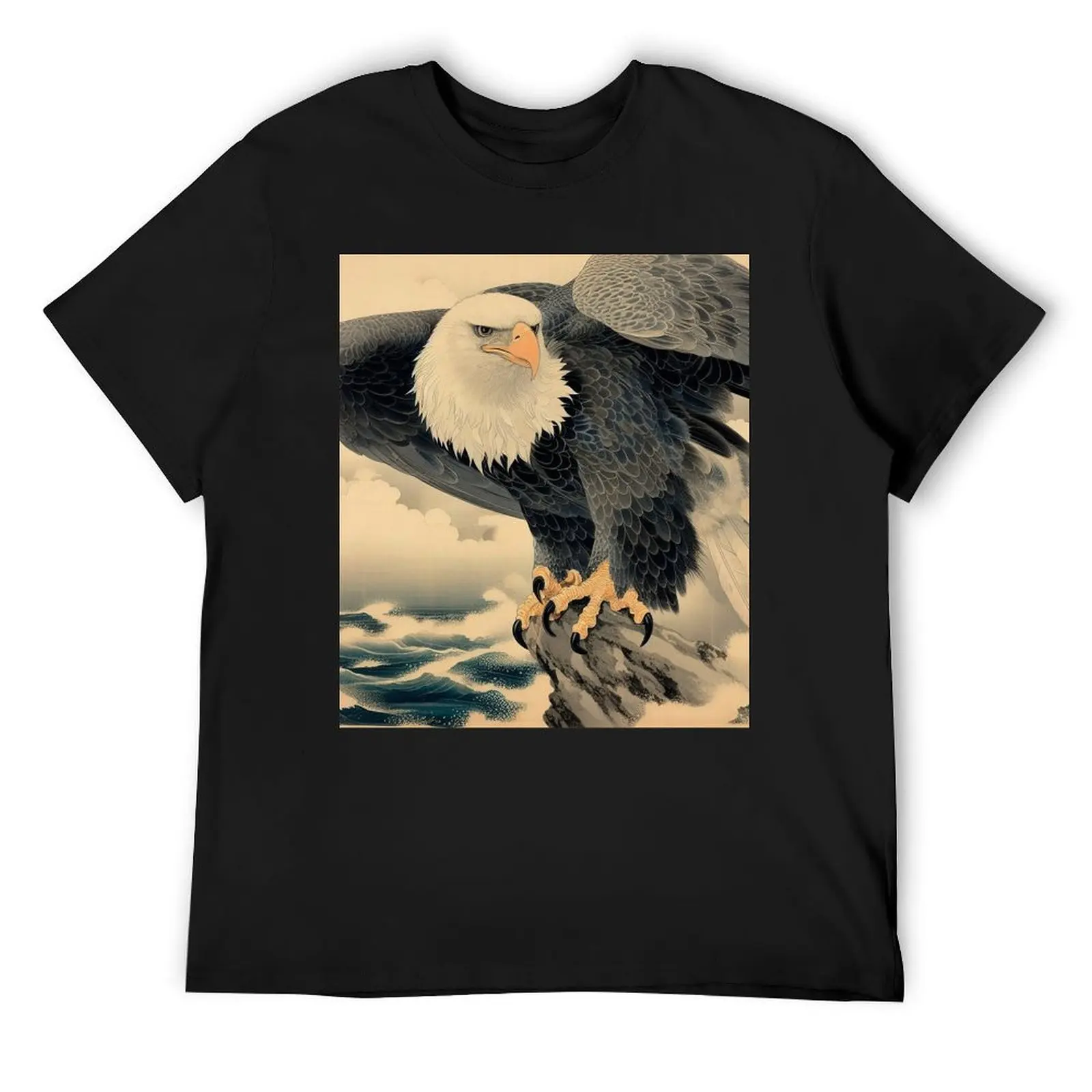 

Bald Eagle - Rocks At The Sea - Ukiyo-e Style Scroll T-Shirt animal prinfor boys T-shirts man men t shirts