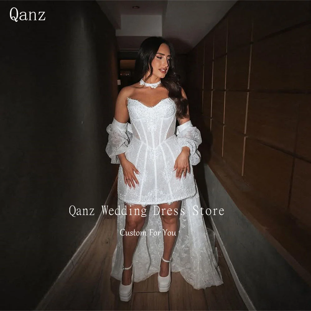 

Qanz 2 Pieces Glitter Wedding Party Dresses Sweetheart Mini Vestidos De Novia Lace Appliques Shawl Robe De Mariée Customized
