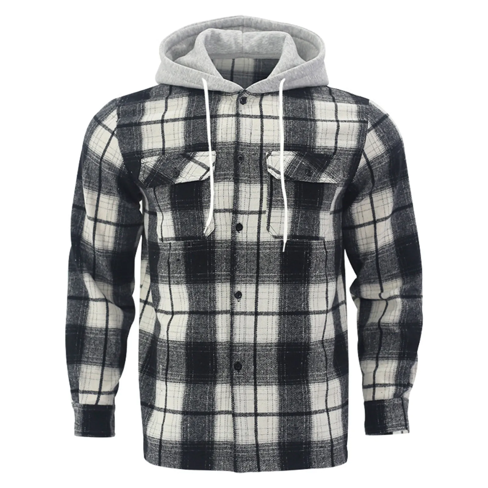 Harajuku Style Lightweight Flannel Hooded Shirt Jackets Men's Cotton Plaid Casual Long Sleeve Button Down Jacket With Pockets