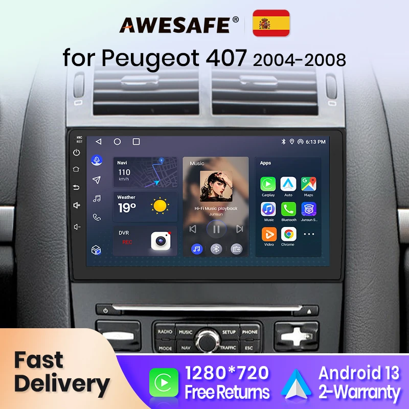 AWESAFE Wireless CarPlay for Apple Android 13 Auto Radio for Peugeot 407 2004 2005 2006 2007 2008-2011 Multimedia Screen Stereo