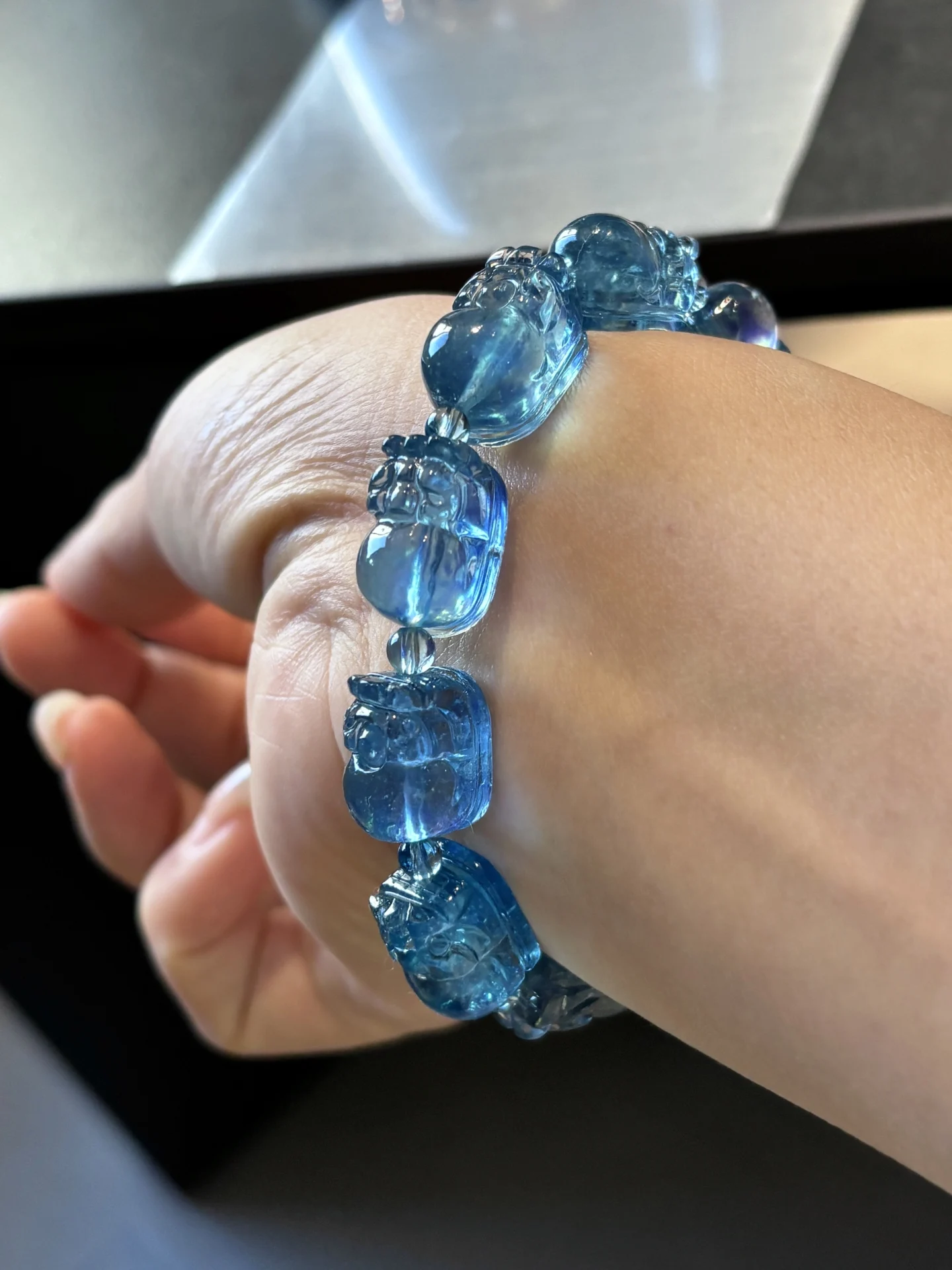 Natural Blue Aquamarine Clear Flower Beads Bracelet Women Men Brazil 16x11.2mm Stretch Blue Aquamarine Jewelry AAAAA