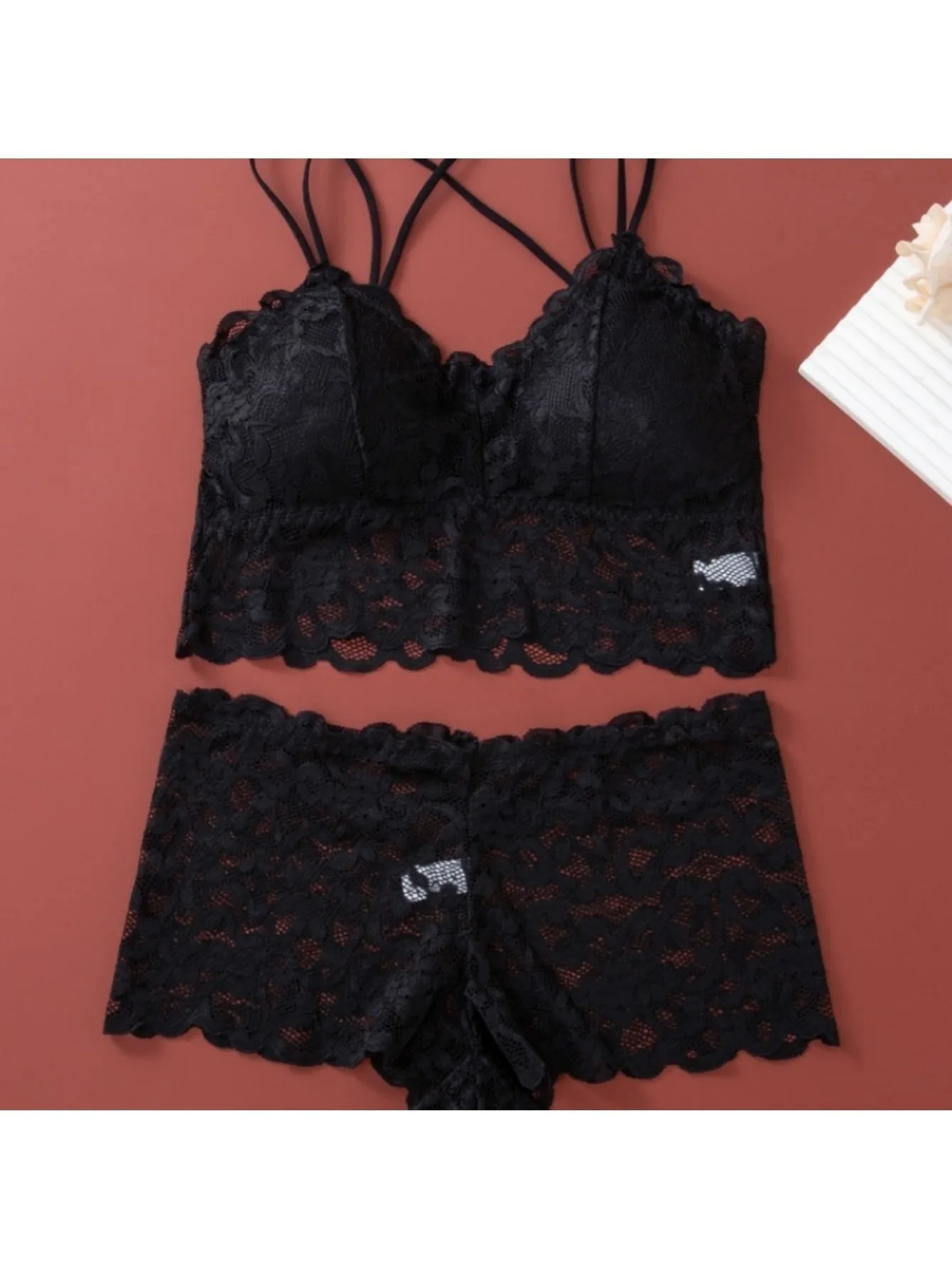 Conjunto de roupa íntima de renda feminina, 8 peças, 4 peças de sutiã + 4 peças de calcinha, design traseiro reunido sem fio para uso diário casual/moda