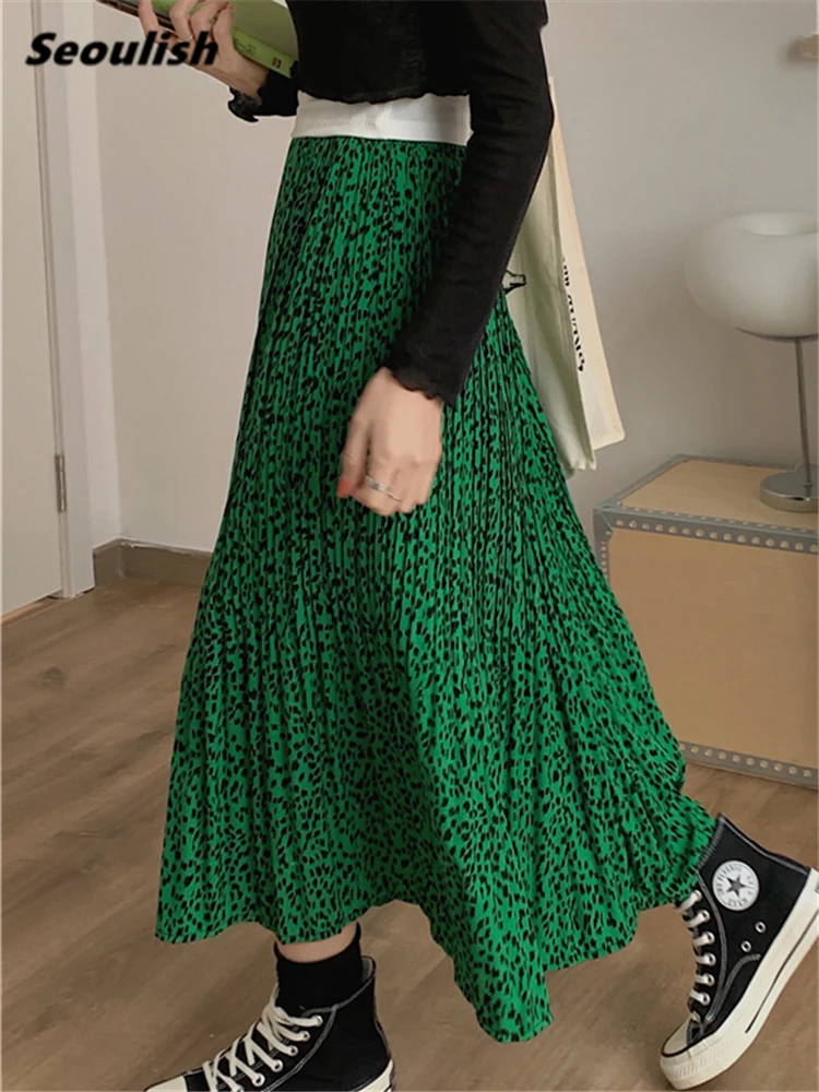 Seoulish New 2022 Classic Leopard Printed Tulle Pleated Women's Mi-Long Skirt High Waist Bohemian Loose Female Umbrella Skirts