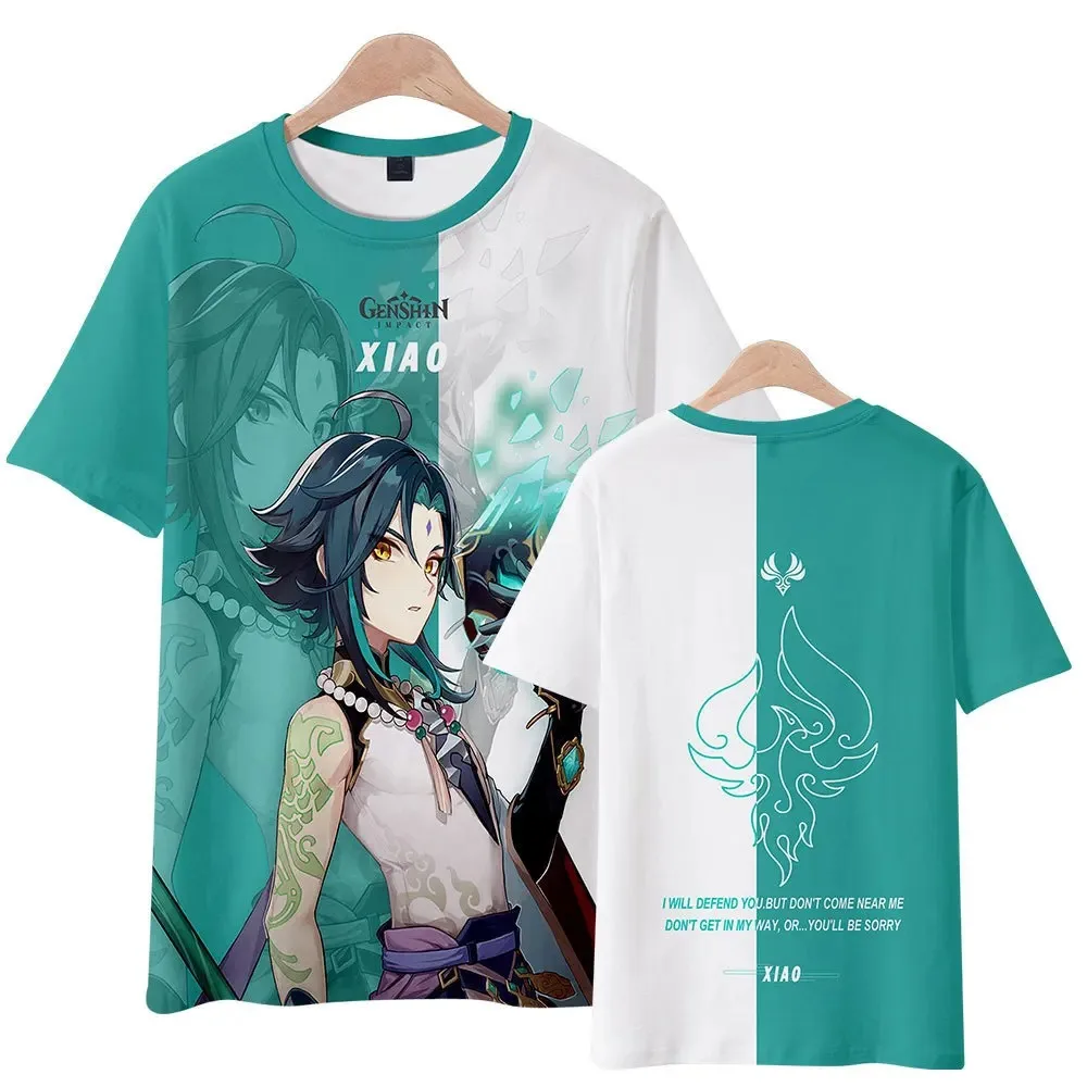 Men's Genshin Impact Anime Camiseta, Xiao 3D, Casual, Cartoons, Tops para Crianças, Game Cosplay, Meninos, Meninas, Moda, 2024