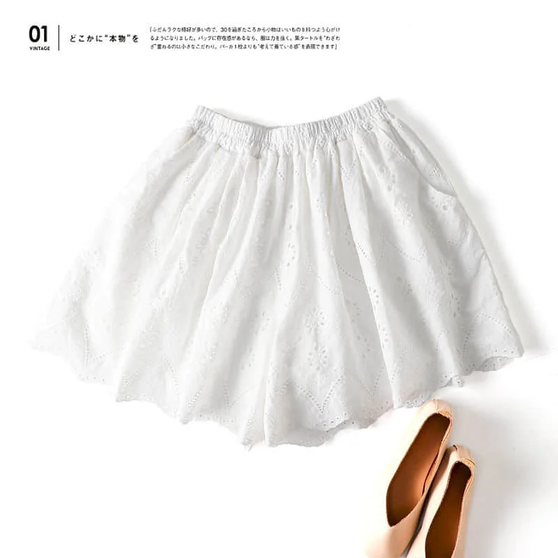 

Solid Shorts Casual 2026 Summer Vintage Hollowed-out Embroidery A-line Wide Leg Pants Casual Cargo Shorts Loose Women Clothing