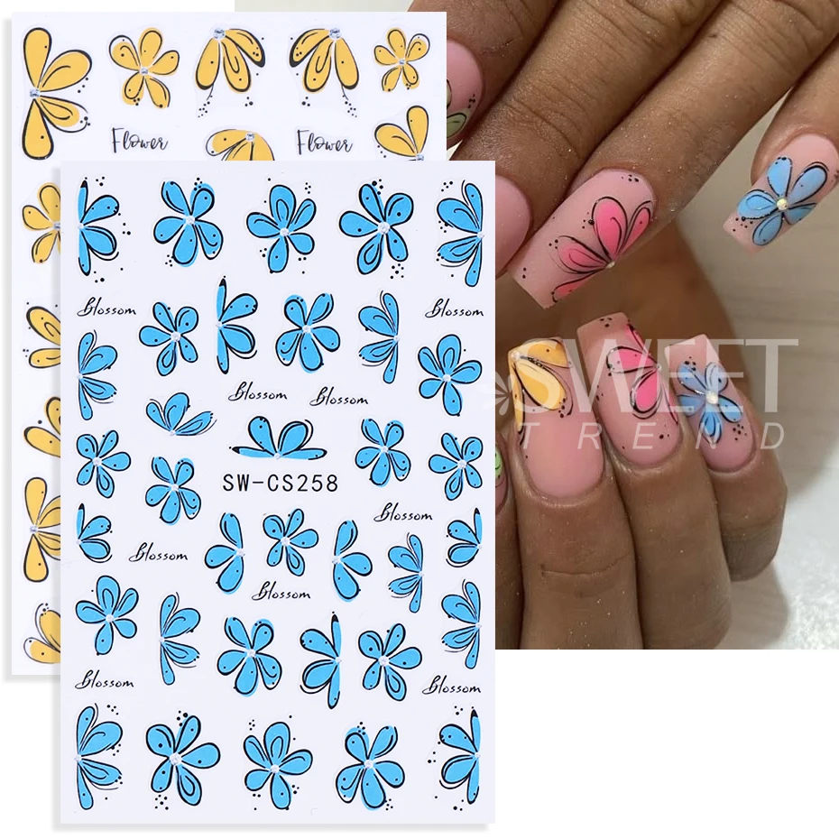 8 stks Bloemen Nail Art Stickers 3D Rood Blauw Sakura Hibiscus Bloemen Bloemblaadje Nail Decals DIY Lente Zomer Slider Manicure Decoratie