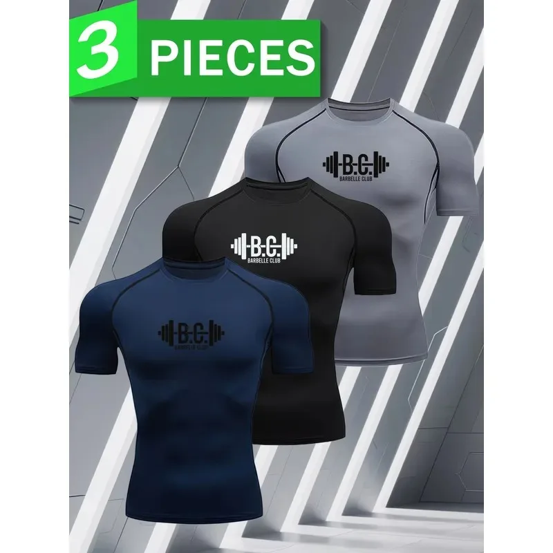 3 PCS Barbell Graphic Printing Geometric Line Art Style Abstract Fitness Pattern Men's Fitness Wear Compression Wear
