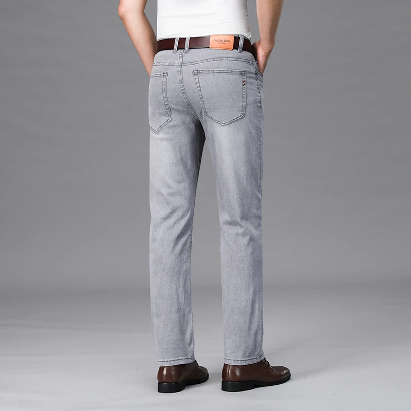 2026 Brand Thin or Thick Material Straight Cotton Stretch Denim Men's Business Casual High Waist Light Grey Blue Jeans