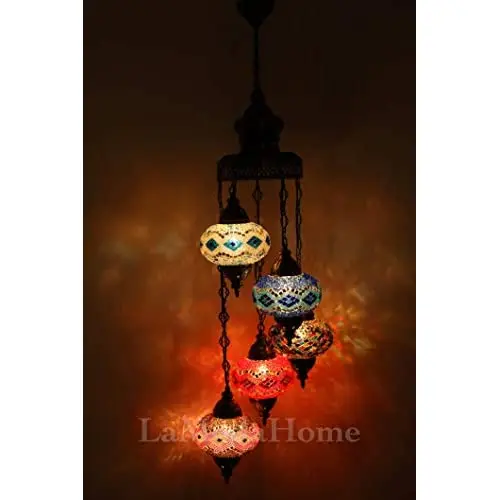 LaModaHome 40 + Unique Colors, 2020 Customizable Chandelier 5 Globes + Free 5 Bulbs, stunning Mosaic Turkish Lamp Moroccan Light