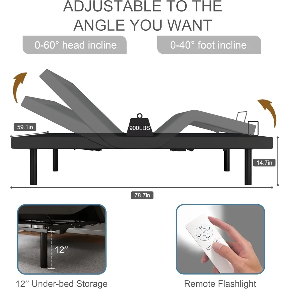 Ergonomic Queen Size Adjustable Bed Base,Wireless Remote Control, Whisper Quiet Durable Motor, Independent Head and Foot Incline