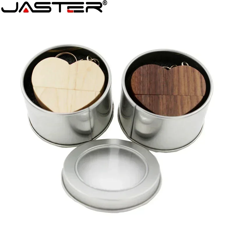 JASTER-lápiz de memoria USB 2,0 + caja, Corazón De Madera de nogal, logotipo personalizado gratis, con llavero, regalo de boda, disco U, 8G