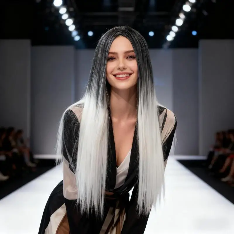 Gradient Highlights Long Straight Hair Women'S Wig Personalized Fashion Outdoor Party Simulation Head-Wearing Synthetic Wig