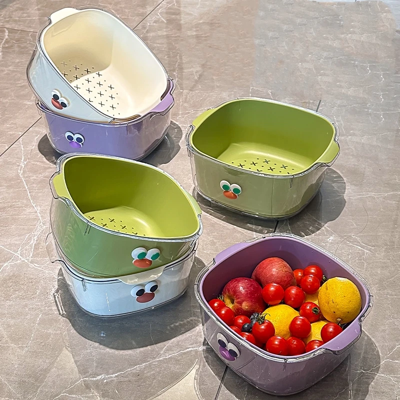 

Double-Layer Dopamine Drain Basket Household Cute Fruit Basket Cleaning Water Filter Two-In-One Thickened Fruit Plate Washing