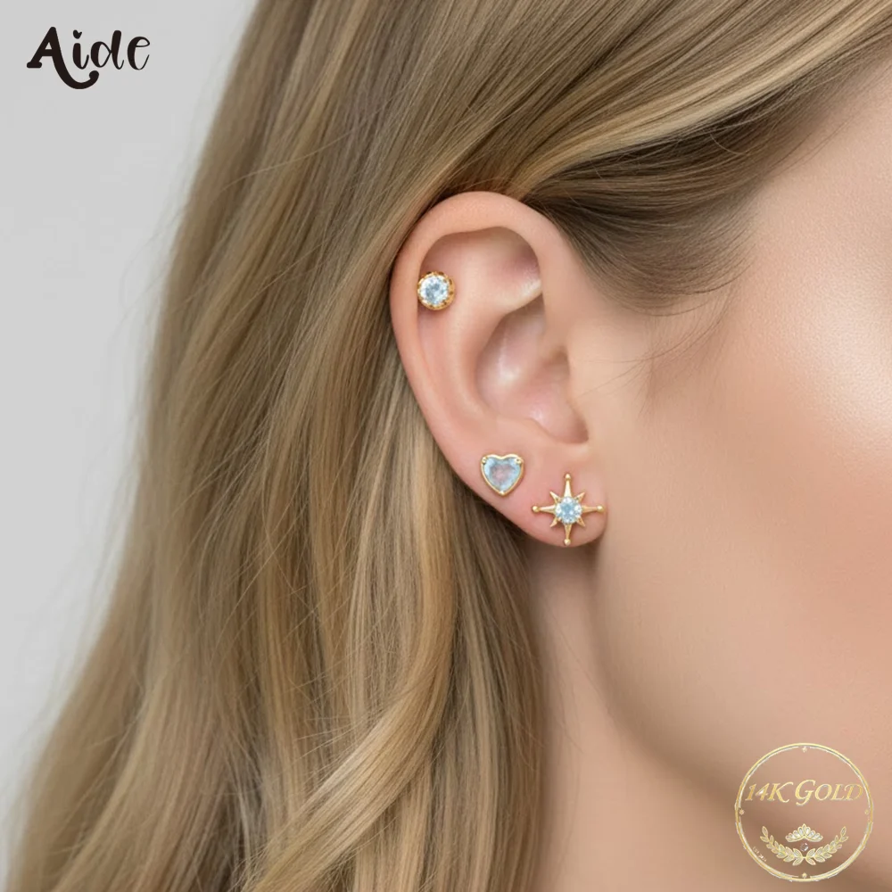 

Aide 14K Real Gold Shiny Fashion Piercing Earrings For Women Moonstone Heart & Star Zircon Multi-Style Studs Wedding Bride Gifts