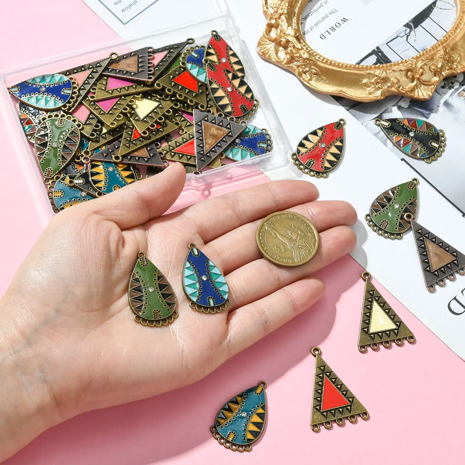 Pandahall 40Pcs 10 Styles Boho Charms Vintage Chandelier Component Links Teardrop Triangle Dangle Pendants for Jewelry Making